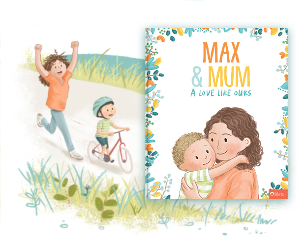 The cover of a personalized book for mothers titled A Love Like Ours showing an illustration of a mother hugging her child, next to an illustration of a mother cheering as her child rides a bicycle.