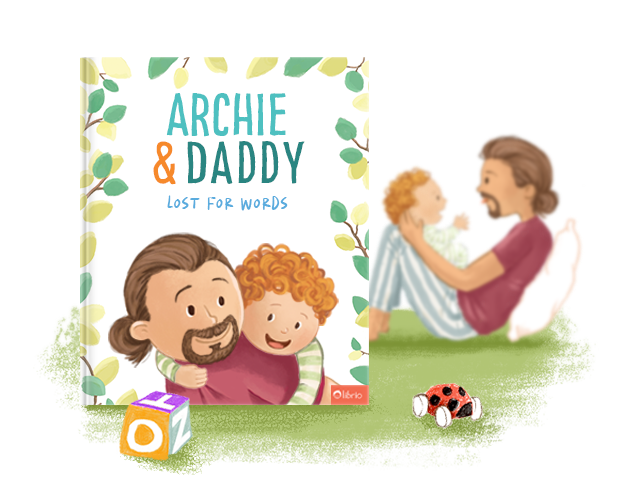 The cover of a personalized book for fathers titled Lost for Words showing an illustration of a father hugging his children, next to another illustration of them playing together on the grass.