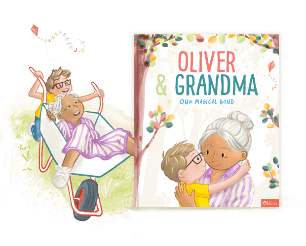 The cover of a personalized book for a grandparent and grandchild titled Our Magical Bond showing an illustration of them hugging, next to another illustration of them playing with a wheelbarrow.