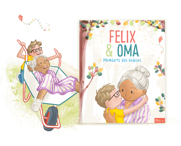Das Cover eines personalisierten Buchs für Großeltern und Enkelkinder mit dem Titel „Unsere magische Verbindung“, das eine Illustration der beiden beim Umarmen zeigt, daneben eine weitere Illustration beim Spielen mit einer Schubkarre.