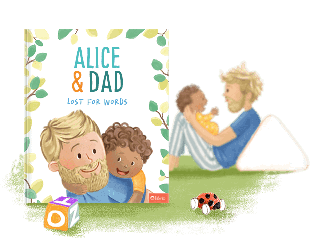 The cover of a personalized book for fathers titled Lost for Words showing an illustration of a father hugging his children, next to another illustration of them playing together on the grass.
