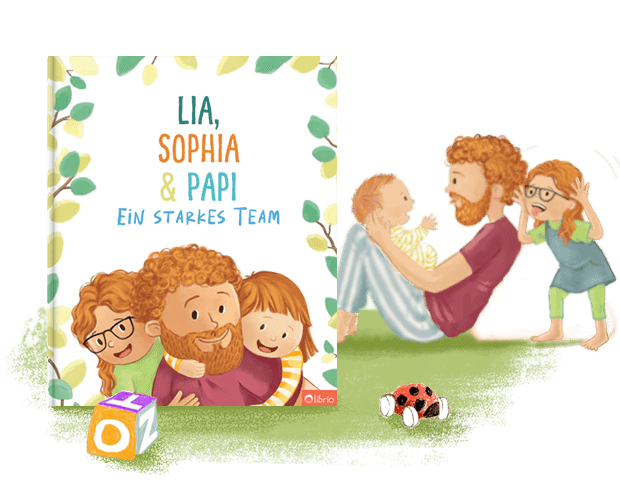 Das Cover eines personalisierten Vater-Kind-Buchs mit dem Titel Ein starkes Team, das die Illustration eines Vaters beim Umarmen seiner Kinder zeigt, daneben eine weitere Illustration beim gemeinsamen Spielen auf dem Rasen.