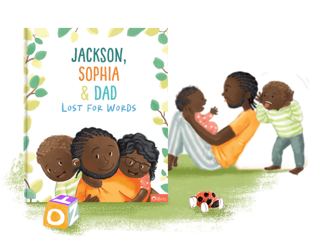 The cover of a personalized book for fathers titled Lost for Words showing an illustration of a father hugging his children, next to another illustration of them playing together on the grass.