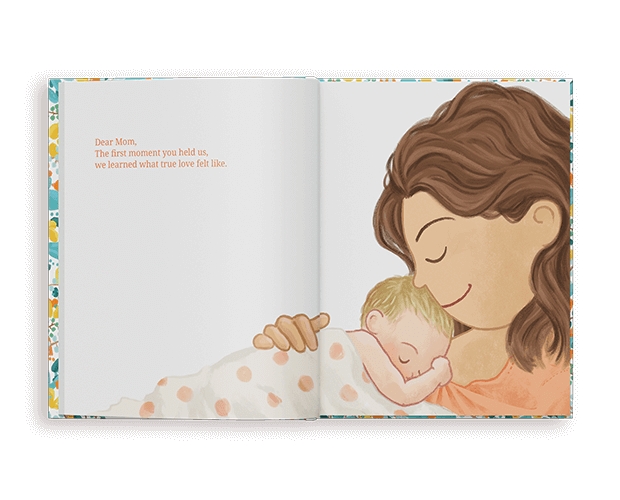 An open personalized book for mothers showing a tender illustration of a mother holding a sleeping baby with a short emotional text.