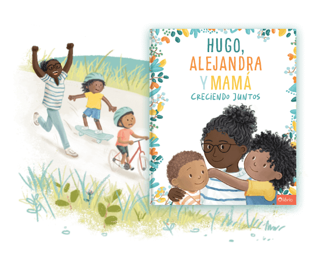 La portada de un libro personalizado para madres titulado Un amor como el nuestro que muestra una ilustración de una madre abrazando a su hijo, junto a una ilustración de una madre animando mientras su hijo va en bicicleta.