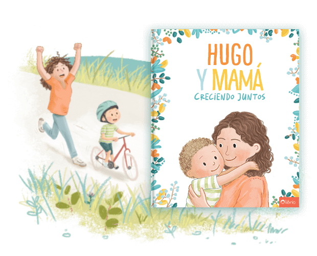 La portada de un libro personalizado para madres titulado Un amor como el nuestro que muestra una ilustración de una madre abrazando a su hijo, junto a una ilustración de una madre animando mientras su hijo va en bicicleta.