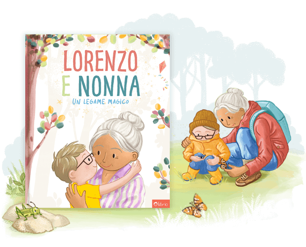 La copertina di un libro personalizzato per nonni e nipoti intitolato Il nostro legame magico che mostra l'illustrazione di loro due che si abbracciano, accanto a un'altra illustrazione di loro che giocano con una carriola.