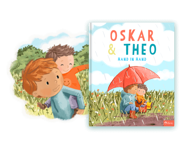 Das Cover eines personalisierten Geschwisterbuchs mit dem Titel Mit dir an meiner Seite, das zwei Kinder unter einem Regenschirm zeigt, daneben eine weitere Illustration der beiden beim Spielen im Freien.