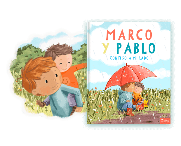 La portada de un libro personalizado para hermanos titulado Contigo a mi lado que muestra una ilustración de dos niños compartiendo un paraguas bajo la lluvia, junto a otra ilustración de ellos jugando al aire libre.