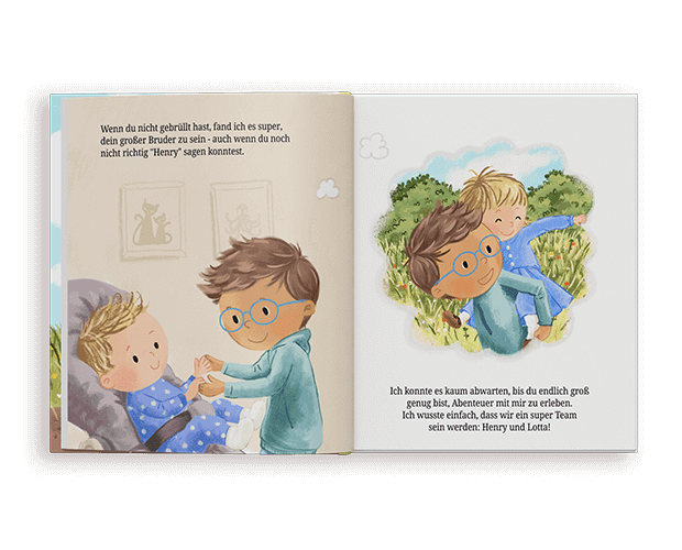 Ein aufgeschlagenes personalisiertes Geschwisterbuch mit farbenfrohen Illustrationen von Kindern, die kreativ mit Spielzeug in ihrem Kinderzimmer spielen.