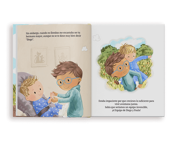 Un libro personalizado para hermanos abierto que muestra coloridas ilustraciones de niños jugando de forma creativa con juguetes en su habitación.