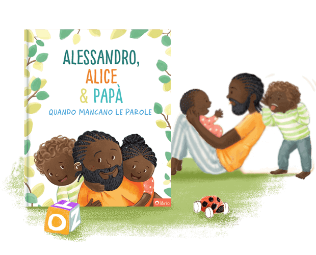 La copertina di un libro personalizzato per papà intitolato Quando Mancano Le Parole che mostra l'illustrazione di un padre che abbraccia i suoi bambini, accanto a un'altra illustrazione di loro che giocano insieme sull'erba.