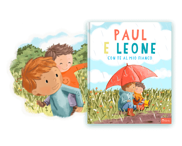 La copertina di un libro personalizzato per fratelli e sorelle intitolato Con te al mio fianco che mostra l'illustrazione di due bambini che condividono un ombrello sotto la pioggia, accanto a un'altra illustrazione di loro che giocano all'aperto.
