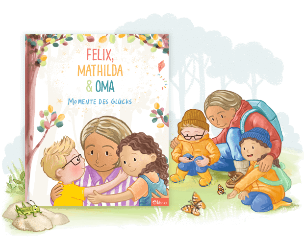 Das Cover eines personalisierten Buchs für Großeltern und Enkelkinder mit dem Titel „Momente des Glücks“, das eine Illustration der beiden beim Umarmen zeigt, daneben eine weitere Illustration beim Spielen mit einer Schubkarre.