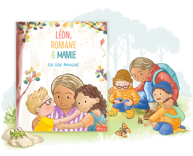 La couverture d'un livre personnalisé pour grands-parents et petits-enfants intitulé Notre lien magique montrant une illustration d'eux s'enlaçant, à côté d'une autre illustration d'eux jouant avec une brouette.