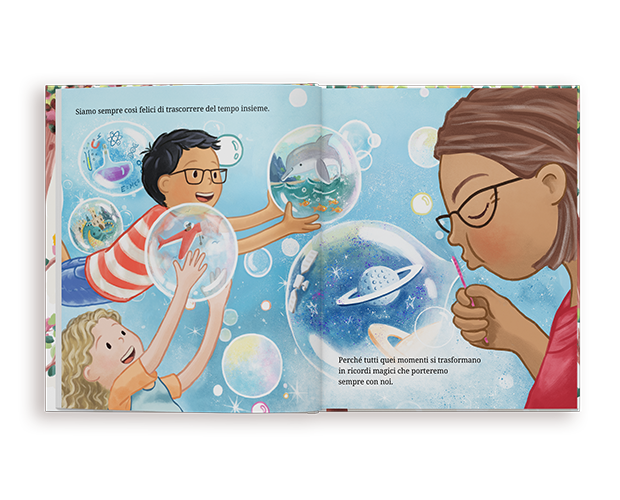 Un libro personalizzato per nonni e nipoti aperto che mostra illustrazioni colorate di loro che soffiano bolle di sapone piene di scene magiche.