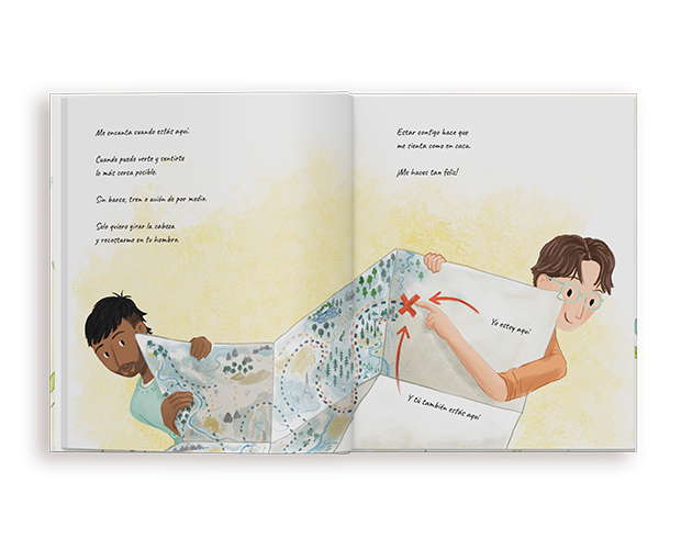 Un libro personalizado para parejas abierto que muestra ilustraciones románticas de la escena de un café y una tira de fotomatón con texto.