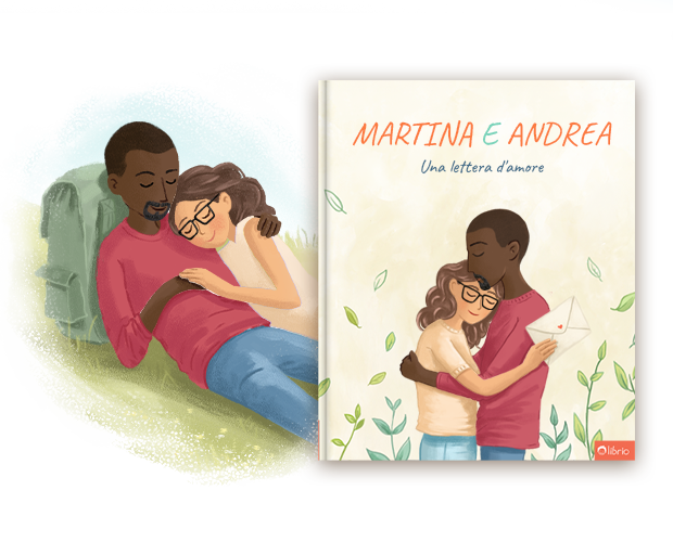 La copertina di un libro personalizzato intitolato Una lettera d'amore che mostra l'illustrazione di una coppia che si abbraccia, accanto a un'altra illustrazione di loro che si rilassano sull'erba.