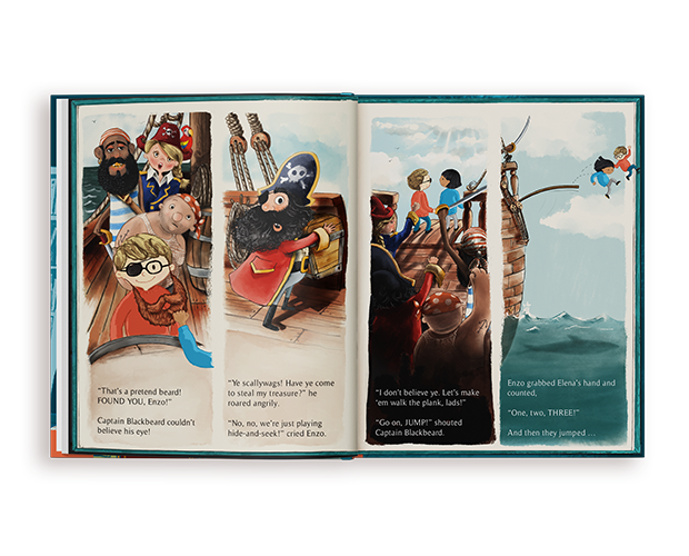 An open personalized children's book showing comic-style illustrations detailing an adventure with pirates on a ship, including two children jumping off a plank into the sea.