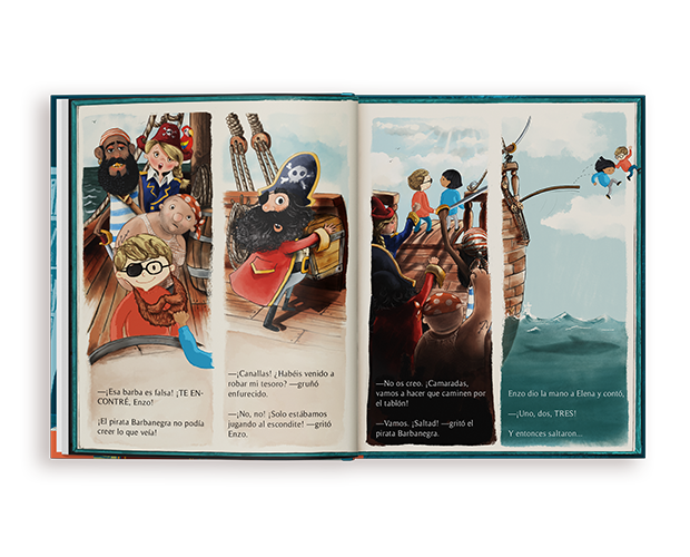 Un libro personalizado abierto lleno de coloridas ilustraciones de piratas, que muestra a personajes en un barco y en el mar.