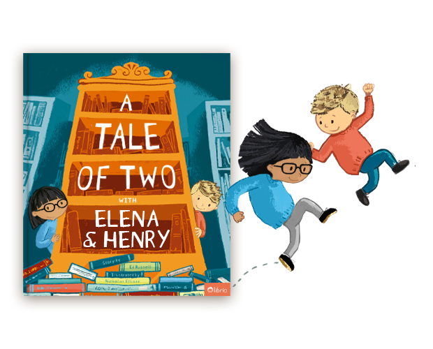 An open or closed personalized book with an illustration of a large bookshelf.