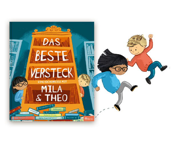 Ein offenes oder geschlossenes personalisiertes Buch mit der Illustration eines großen Bücherregals.