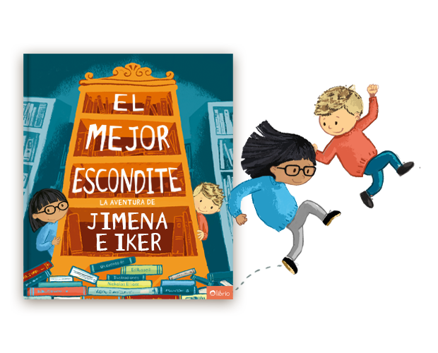 Un libro personalizado abierto o cerrado con la ilustración de una gran estantería.
