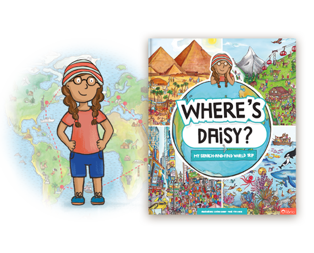 The cover of a personalized hidden picture book titled Where are you? My trip around the world featuring landmarks like pyramids and mountains.