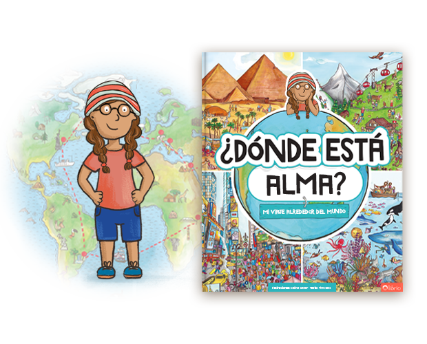 La portada de un libro de búsqueda personalizado titulado ¿Dónde estás? Mi viaje alrededor del mundo con monumentos como pirámides y montañas.