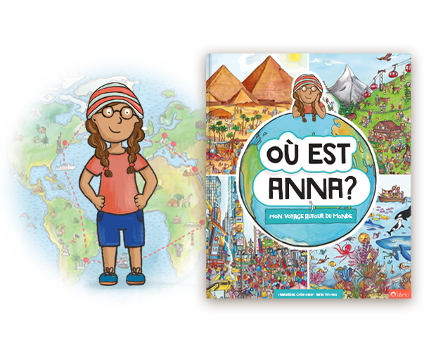 La couverture d'un livre cherche-et-trouve personnalisé intitulé Où es-tu ? Mon voyage autour du monde avec des monuments comme des pyramides et des montagnes.