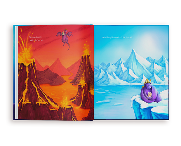 La copertina di un libro personalizzato per la nascita intitolato Benvenuto al mondo accanto all'illustrazione di un amichevole drago viola che tiene delicatamente in braccio un neonato che dorme.