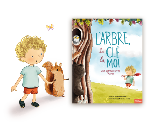Une illustration montre un garçon aux cheveux bouclés portant un t-shirt bleu clair et un short rouge, tenant la main d'un écureuil brun sur fond noir, à côté de la couverture d'un livre pour enfants intitulé L'Arbre, la clé et moi, par Madeleine Sheen.