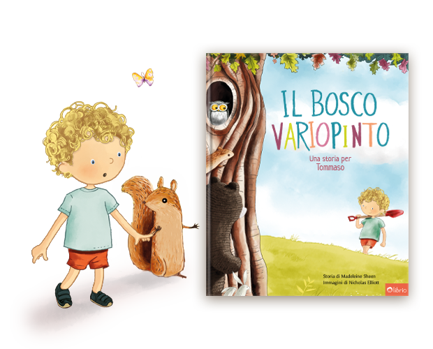 Un'illustrazione mostra un bambino con i capelli ricci che indossa una maglietta azzurra e pantaloncini rossi mentre tiene per mano uno scoiattolo marrone su uno sfondo nero, accanto alla copertina di un libro per bambini intitolato Il Bosco Variopinto, di Madeleine Sheen.