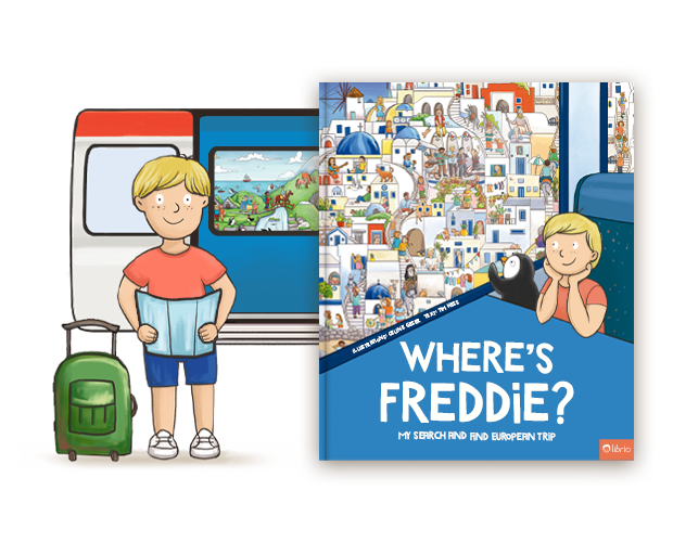 The cover of a personalized hidden picture book titled Where are you? My European trip next to an illustration of a child holding a map by a train.