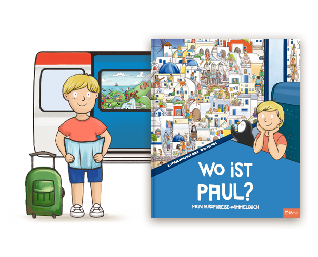 Das Cover eines personalisierten Wimmelbuchs mit dem Titel Wo bist du? Meine Reise durch Europa neben einer Illustration eines Kindes mit einer Landkarte an einem Zug.