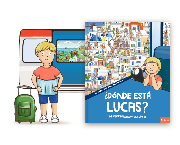 La portada de un libro de búsqueda personalizado titulado ¿Dónde estás? Mi viaje por Europa junto a la ilustración de un niño con un mapa al lado de un tren.