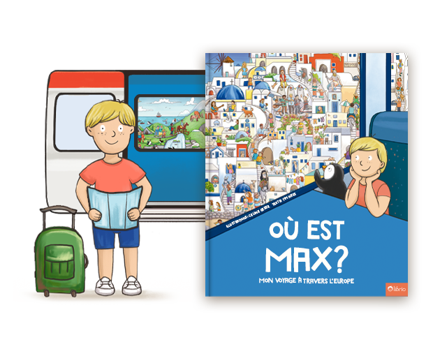 La couverture d'un livre cherche-et-trouve personnalisé intitulé Où es-tu ? Mon voyage en Europe à côté d'une illustration d'un enfant tenant une carte près d'un train.