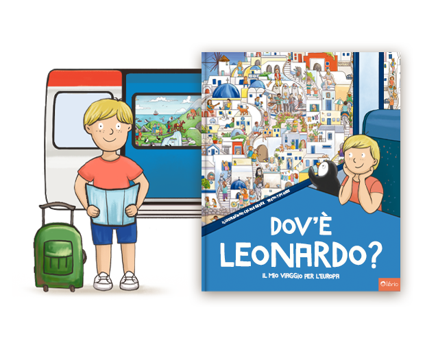 La copertina di un libro cerca-e-trova personalizzato intitolato Dove sei? Il mio viaggio in Europa accanto all'illustrazione di un bambino con una mappa vicino a un treno.