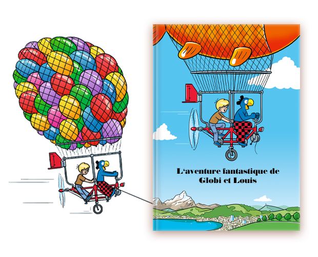 La couverture d'un livre personnalisé pour enfants intitulé L'aventure fantastique avec une illustration de style bande dessinée de personnages volant en montgolfière.