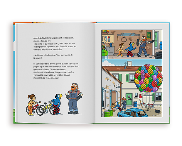 Un livre personnalisé pour enfants ouvert avec une page de texte et une illustration de style bande dessinée d'une fête foraine animée avec une grande roue.
