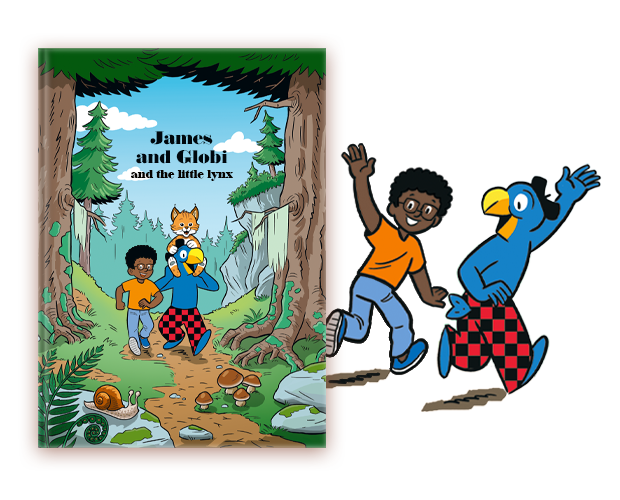 The cover of a personalized children's book titled The Little Lynx featuring a comic-style illustration of characters walking on a forest path, next to an illustration of a child running with a blue bird character.