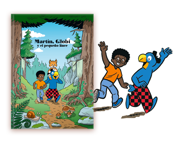 La portada de un libro infantil personalizado titulado El pequeño lince con una ilustración estilo cómic de personajes caminando por un sendero forestal, junto a una ilustración de un niño corriendo con un personaje de pájaro azul.