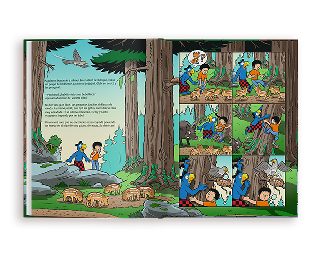 Un libro infantil personalizado abierto que muestra viñetas estilo cómic de personajes escondiéndose y buscándose en un bosque denso.