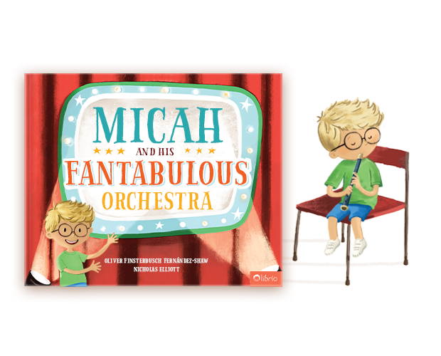 The cover of a personalized children's book titled The Fantabulous Orchestra showing a theatre stage with red curtains, next to an illustration of a child playing a flute on a chair.