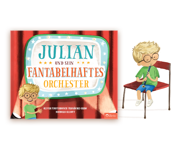 Das Cover eines personalisierten Kinderbuchs mit dem Titel Das fantastische Orchester, das eine Theaterbühne mit roten Vorhängen zeigt, daneben eine Illustration eines Kindes, das auf einem Stuhl Flöte spielt.