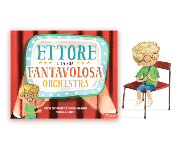 La copertina di un libro personalizzato per bambini intitolato La fantabolosa orchestra che mostra il palcoscenico di un teatro con tende rosse, accanto all'illustrazione di un bambino che suona il flauto su una sedia.