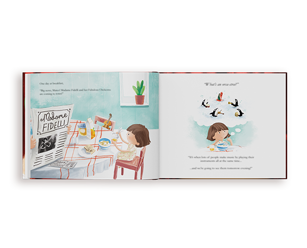 Un livre personnalisé pour enfants ouvert avec une illustration détaillée d'animaux musiciens se produisant sur une scène éclairée par des projecteurs.