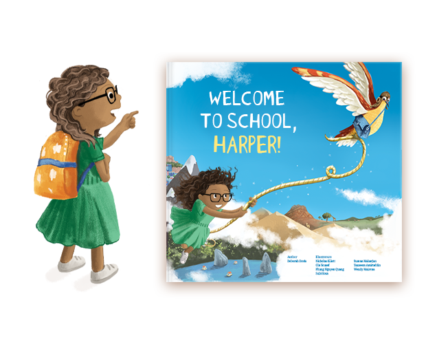 The cover of a personalized book for the start of school titled Welcome to School showing an illustration of a child holding a golden thread tied to a flying bird, next to an illustration of a child with a backpack.