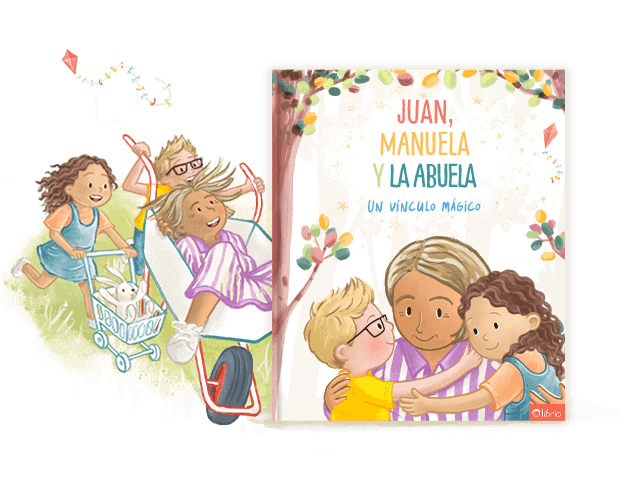 La portada de un libro personalizado para abuelos y nietos titulado Nuestro vínculo mágico que muestra una ilustración de ambos abrazándose, junto a otra ilustración de ellos jugando con una carretilla.