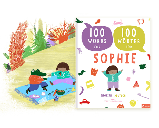 Das Cover eines personalisierten bilingualen Buchs mit dem Titel 100 Wörter neben einer farbenfrohen Illustration eines Picknicks im Freien mit Tierfiguren.